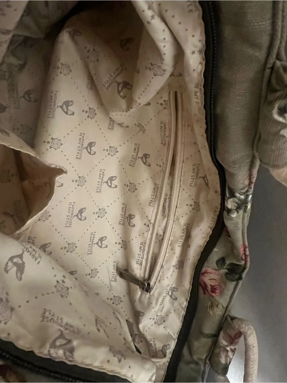 Floral Canvas Tote Bag with Rope Handles - Green Beige